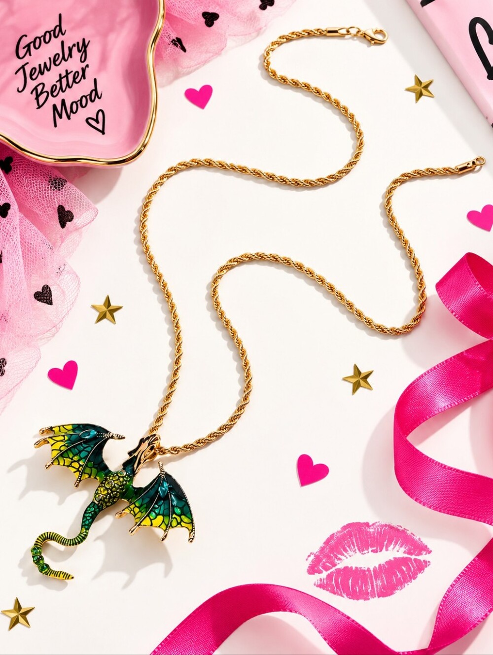 BETSEY JOHNSON OMBRE GREEN DRAGON CHARM NECKLACE - Picture 3 of 3